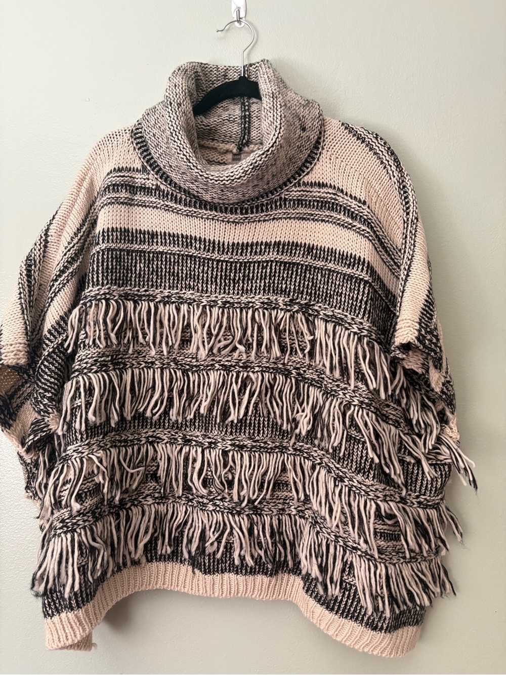 Fringed Turtleneck Sweater Poncho - Beige & Black
